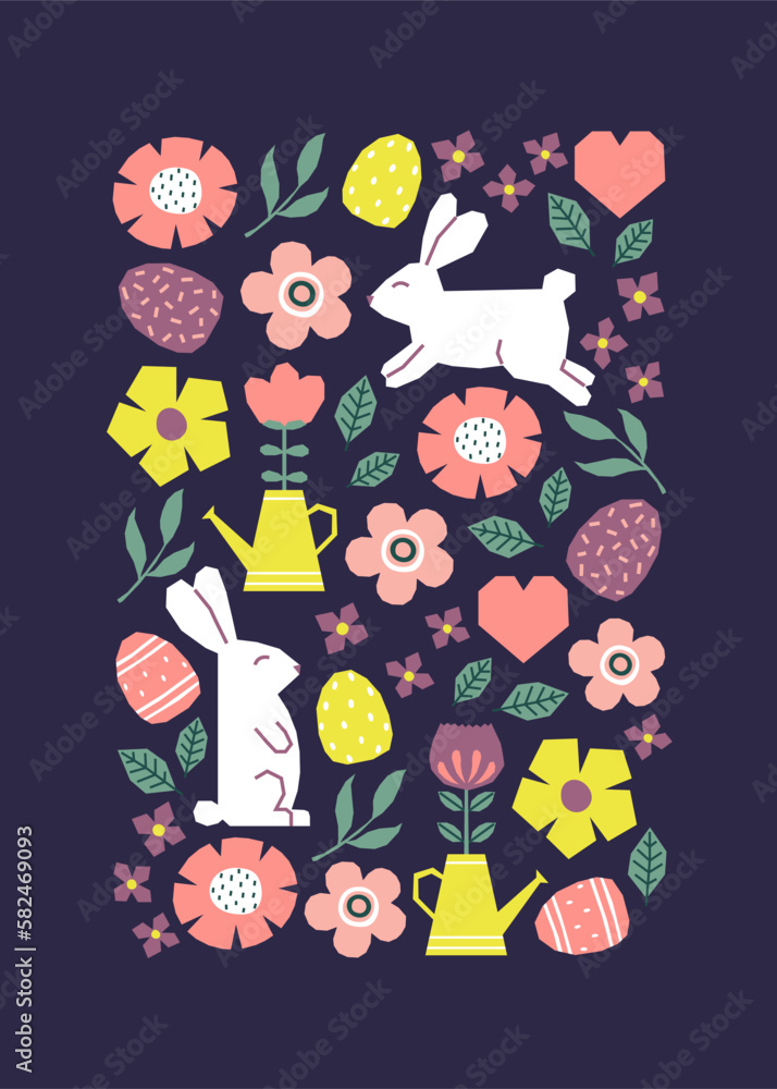 Easter card with rabbits, flowers and leaves pattern. Cutout colorful elements on dark blue background Easter card with rabbits, flowers and leaves pattern. Cutout colorful elements on dark blue background