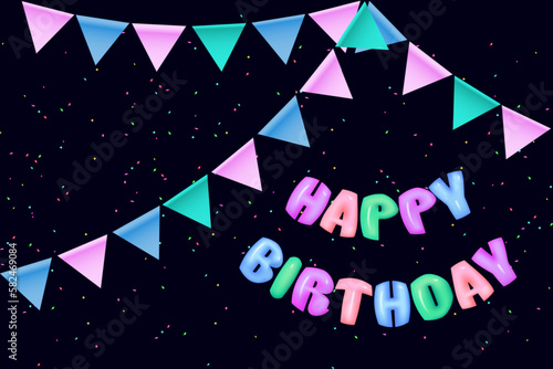 3D text Happy Birthday and color bunting flags. Festive vector background