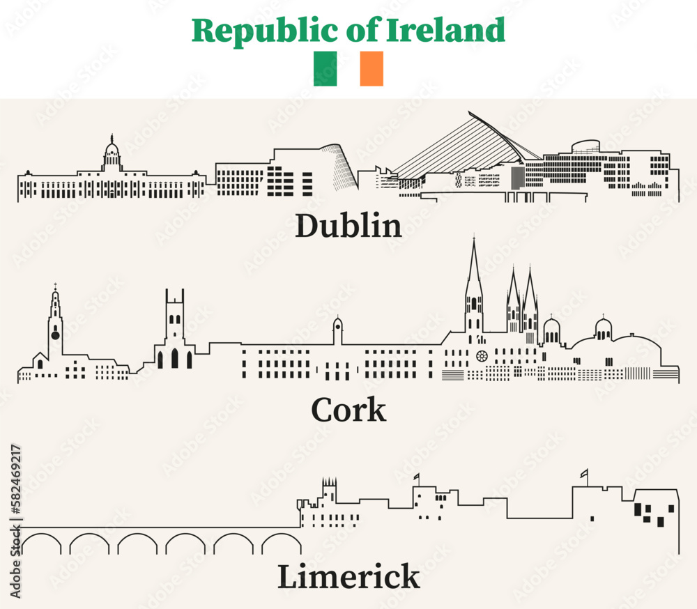 Republic of Ireland cities outline skylines vector set