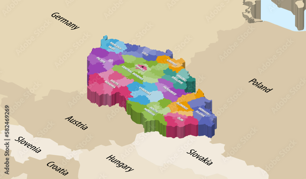 Obraz premium Czech Republic districts colored by regions isometric map with neighbouring countries