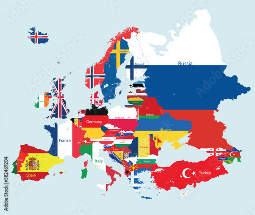 Europe map with countries flags incorporated inside countries contours. Flat style vector illustration. All elements separated in detachable and editable layers
