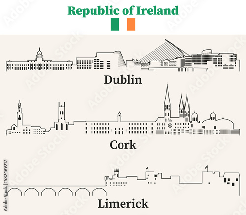 Republic of Ireland cities outline skylines vector set