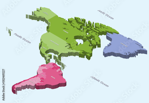 North and South America 3d (isometric) map on light blue background