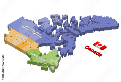 Canada states 3d (isometric) colored isolated vector map. Flag of Canada