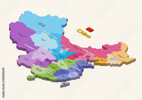 Provinces of China isometric colorful map with inscriptions. Vector isolated illustration