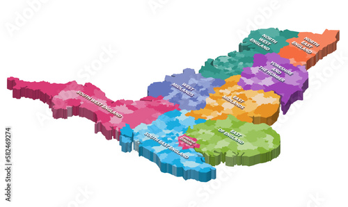 England counties isometric map colored by regions photo