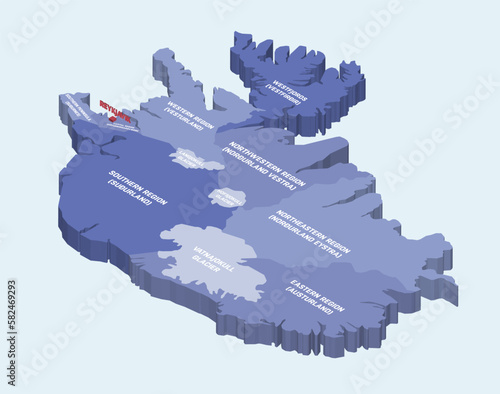 Iceland 3d (isometric) map colored by regions on light blue background