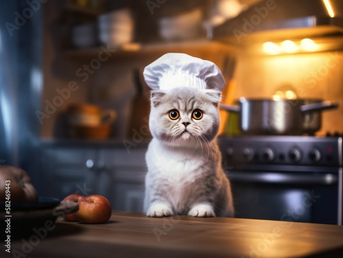 Portrait of a white scottish fold as a chef cooking in kitchen