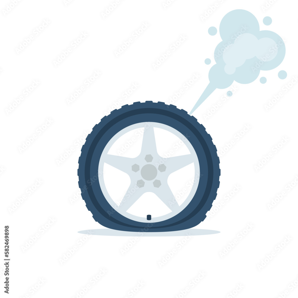 Punctured wheel. Car tire with a punctured wheel. Deflated automobile tire. Vector illustration flat design. Isolated on white background. Punctured wheel. Car tire with a punctured wheel. Deflated automobile tire. Vector illustration flat design. Isolated on white background.