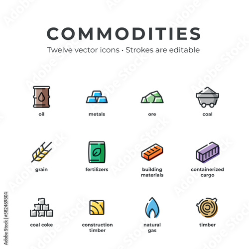 Commodities or raw materials. Set of twelve vector icons