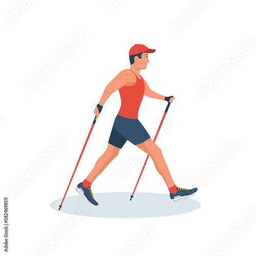 Nordic Walking data. Sports activities for a healthy lifestyle. Young man, athlete outdoors. Tourism and hiking. Vector illustration flat design. Isolated on white background.