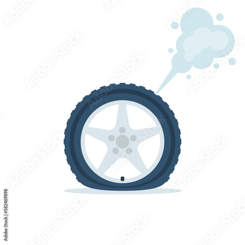 Punctured wheel. Car tire with a punctured wheel. Deflated automobile tire. Vector illustration flat design. Isolated on white background.