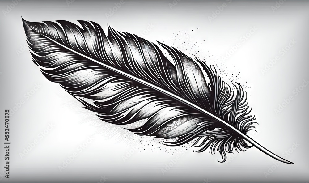 a black and white drawing of a feather on a white background with a ...