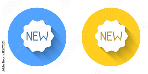 White Price tag with an inscription New icon isolated with long shadow background. Badge for price. Promo tag discount. Circle button. Vector