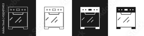 Set Oven icon isolated on black and white background. Stove gas oven sign. Vector