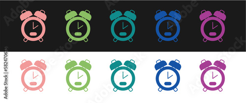 Set Alarm clock icon isolated on black and white background. Wake up, get up concept. Time sign. Vector
