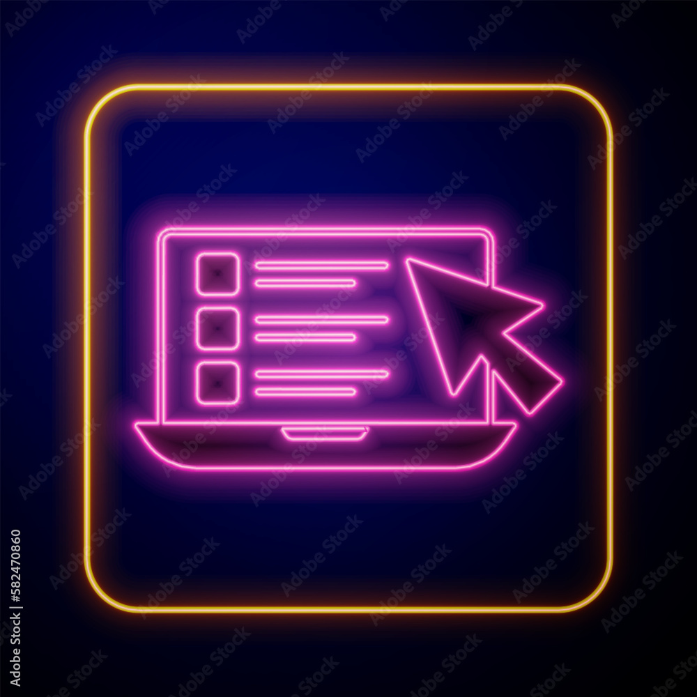 Glowing neon Online quiz, test, survey or checklist icon isolated on black background. Exam list. E-education concept. Vector Glowing neon Online quiz, test, survey or checklist icon isolated on black background. Exam list. E-education concept. Vector