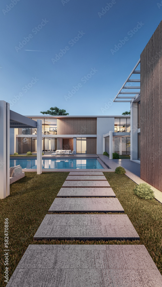 Architecture 3d rendering illustration of modern minimal house with natural landscape and walkway 