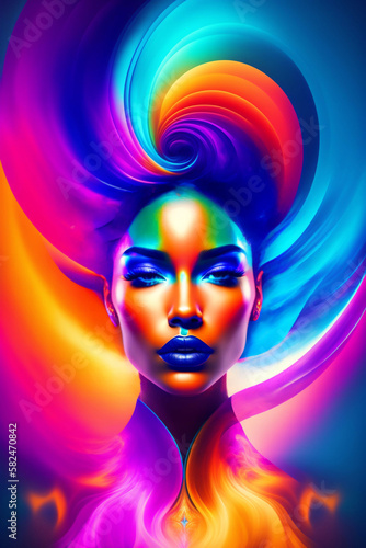 Abstract composition of a beautiful woman, portrayed in a modern and decorative style. Colourful and unique pattern incorporating various elements such as fashion, and creativity - Generative AI