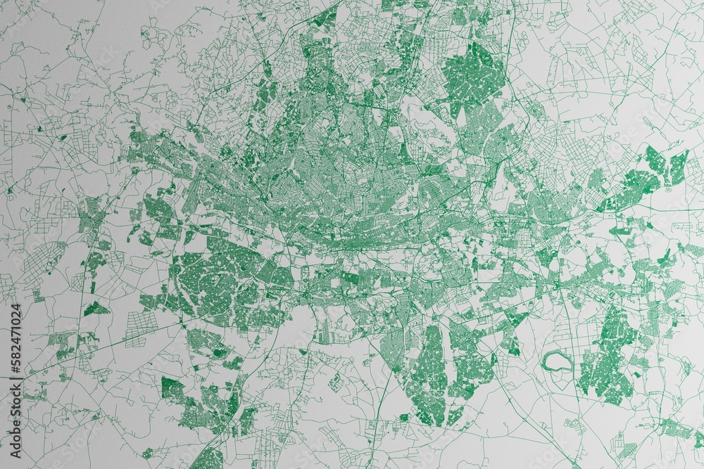 Map of the streets of Johannesburg (South Africa) made with green lines on white paper. 3d render, illustration