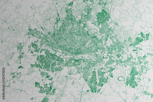 Map of the streets of Johannesburg (South Africa) made with green lines on white paper. 3d render, illustration