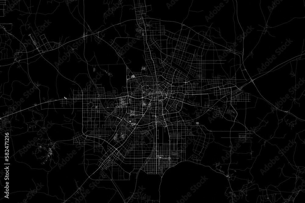 Stylized map of the streets of Hefei (China) made with white lines on black background. Top view. 3d render, illustration