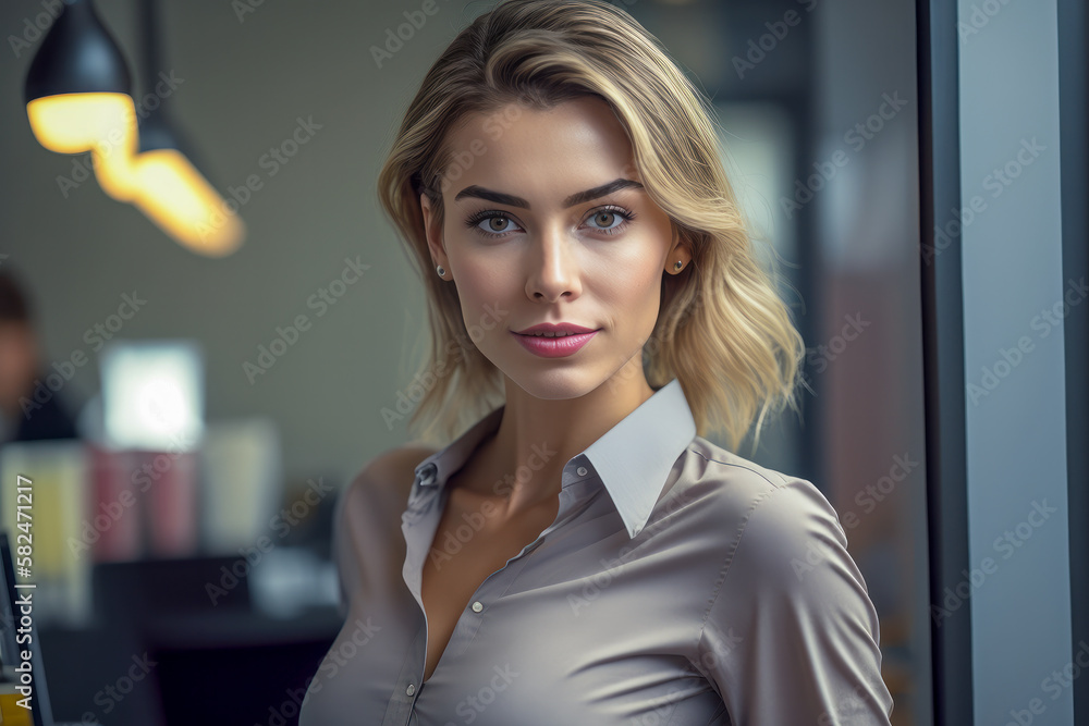 Beautiful young sexy secretary woman wearing tight unbuttoned blouse.  Office blurred background Illustration Stock | Adobe Stock