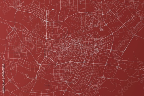 Map of the streets of Ningbo (China) made with white lines on red background. Top view. 3d render, illustration