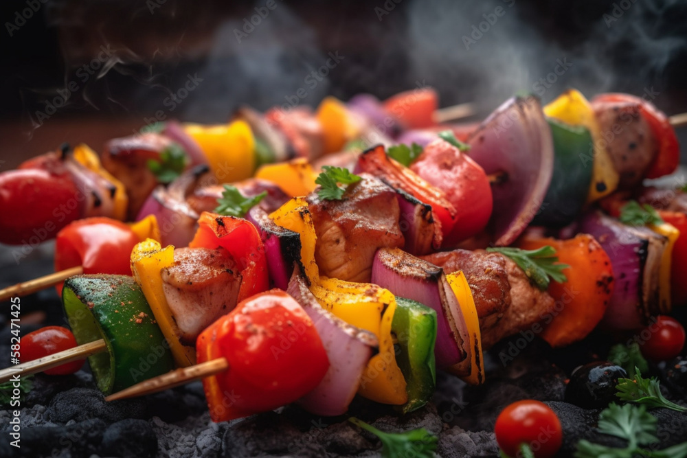 A grill with meat and vegetables on it. Generative ai