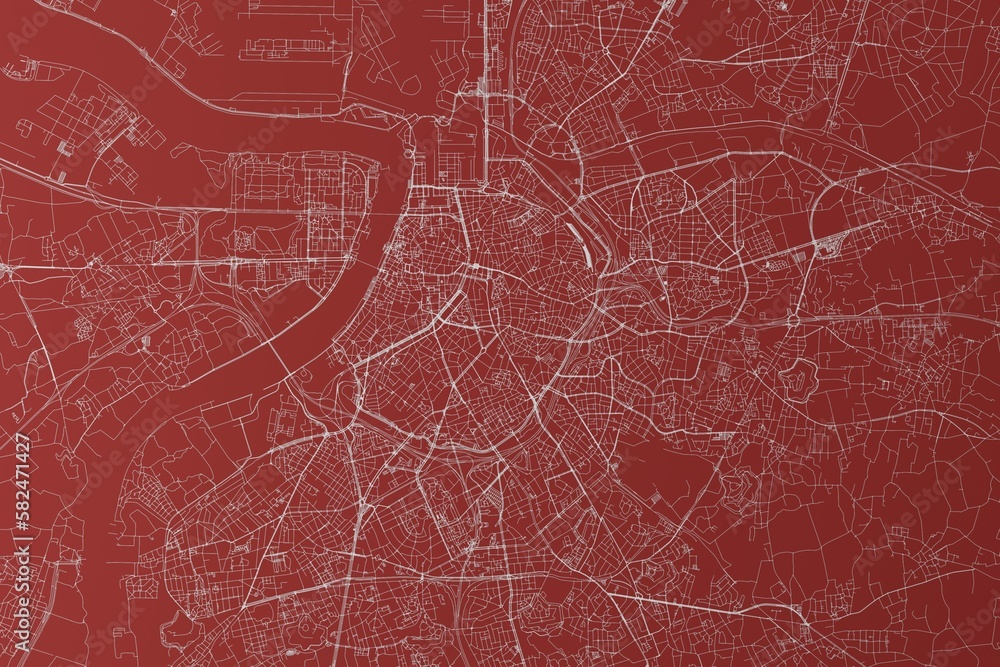 Map of the streets of Antwerp (Belgium) made with white lines on red background. Top view. 3d render, illustration Map of the streets of Antwerp (Belgium) made with white lines on red background. Top view. 3d render, illustration