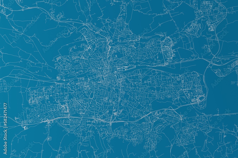 Map of the streets of Cork (Ireland) made with white lines on blue background. 3d render, illustration
