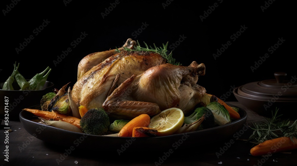 Roasted chicken with vegetables, generative ai Roasted chicken with vegetables, generative ai