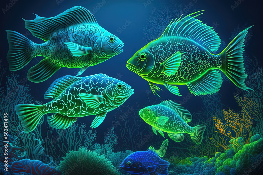 Fish background in blue and green neon colors. Shoal of fish pattern