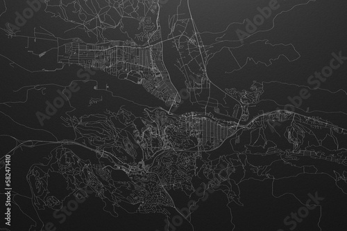 Street map of Kamloops (Canada) on black paper with light coming from top photo