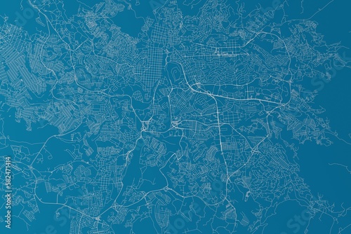 Map of the streets of Tegucigalpa (Honduras) made with white lines on blue background. 3d render, illustration