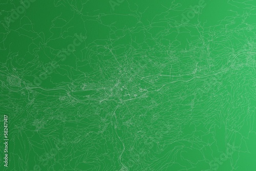Map of the streets of Innsbruck (Austria) made with white lines on green paper. Rough background. 3d render, illustration