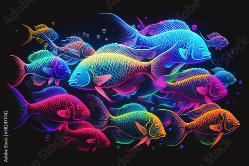 Colorful fish background in neon colors. Shoal of fish pattern