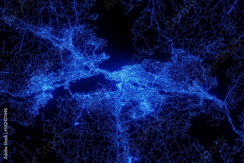 Street map of Tampere (Finland) made with blue illumination and glow effect. Top view on roads network