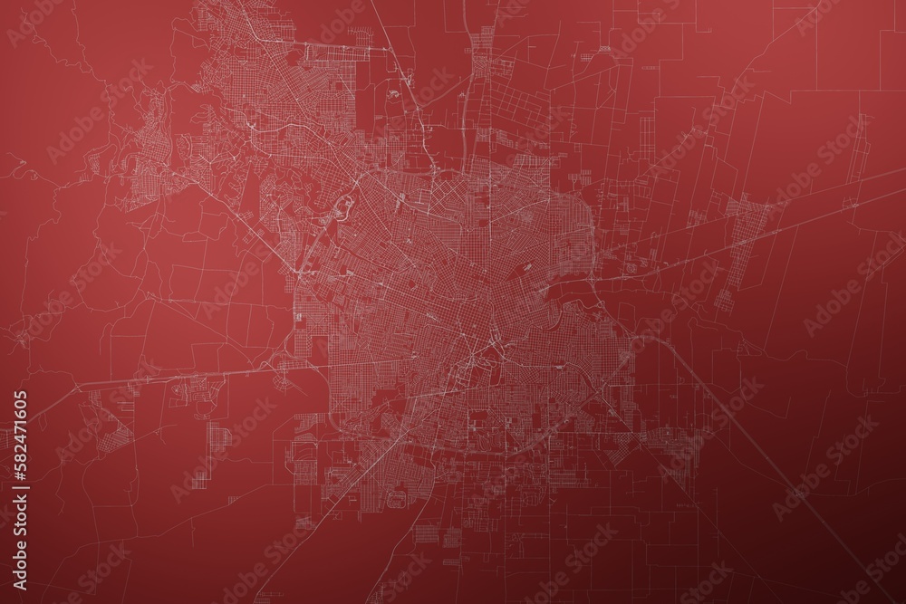 Map of the streets of Cordoba (Argentina) made with white lines on abstract red background lit by two lights. Top view. 3d render, illustration