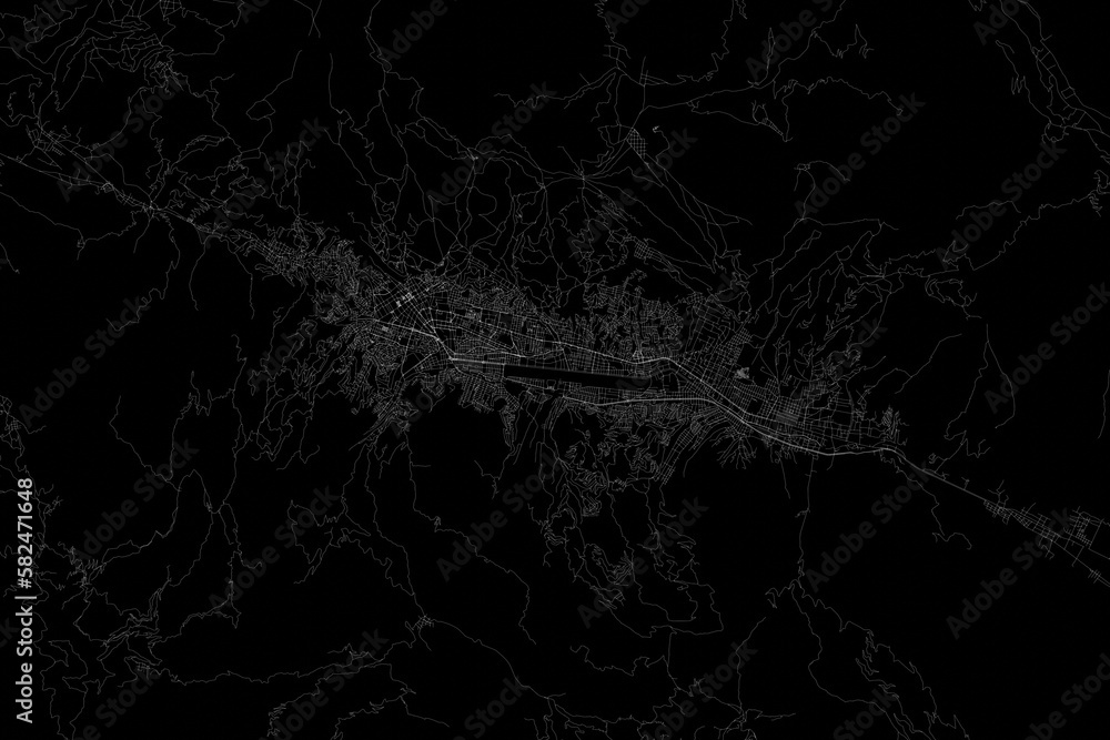 Stylized map of the streets of Cusco (Peru) made with white lines on black background. Top view. 3d render, illustration