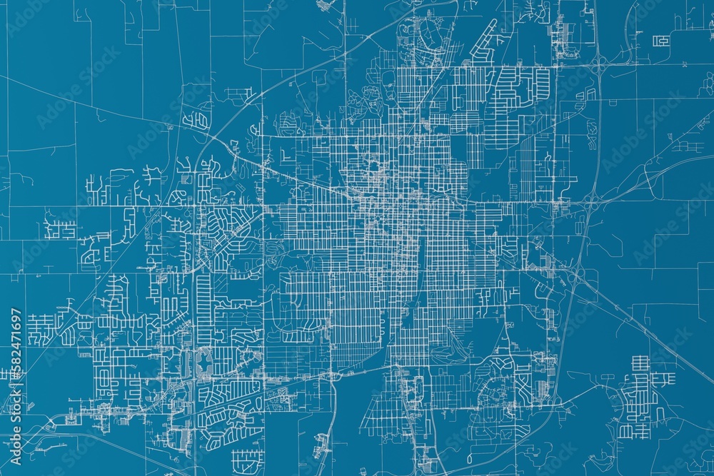 Map of the streets of Springfield (Illinois, USA) made with white lines on blue background. 3d render, illustration