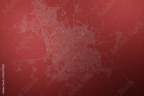 Map of the streets of Cordoba (Argentina) made with white lines on abstract red background lit by two lights. Top view. 3d render, illustration