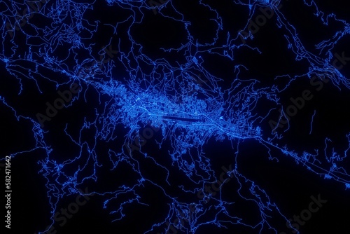 Street map of Cusco  Peru  made with blue illumination and glow effect. Top view on roads network