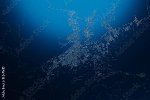 Street map of Valencia (Venezuela) engraved on blue metal background. View with light coming from top. 3d render, illustration
