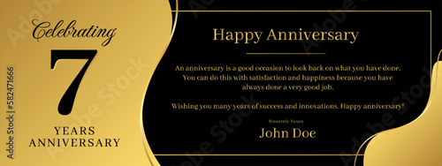 7 years anniversary, a banner speech anniversary template with a gold background combination of black and text that can be replaced