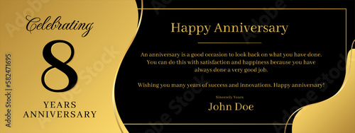 8 years anniversary, a banner speech anniversary template with a gold background combination of black and text that can be replaced