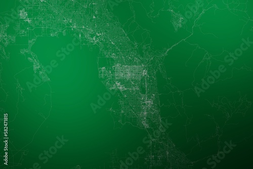 Map of the streets of Provo (Utah, USA) made with white lines on abstract green background lit by two lights. Top view. 3d render, illustration