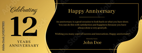 12 years anniversary, a banner speech anniversary template with a gold background combination of black and text that can be replaced