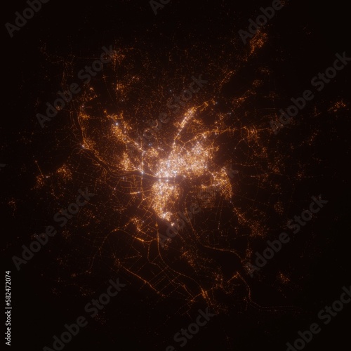Bratislava (Slovakia) street lights map. Satellite view on modern city at night. Imitation of aerial view on roads network. 3d render