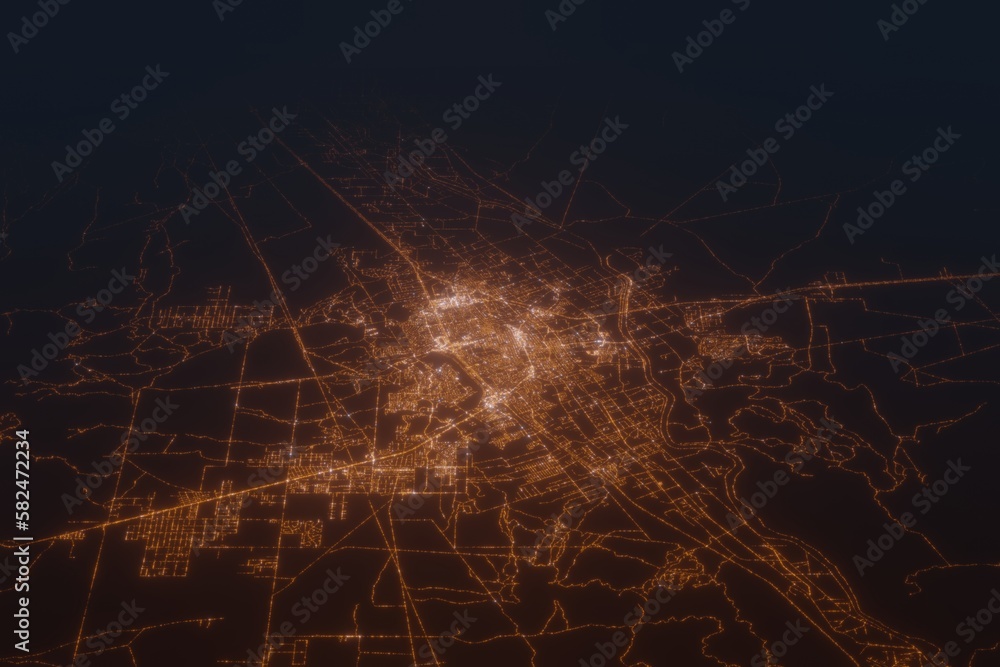 Aerial shot of Las Cruces (New Mexico, USA) at night, view from north. Imitation of satellite view on modern city with street lights and glow effect. 3d render